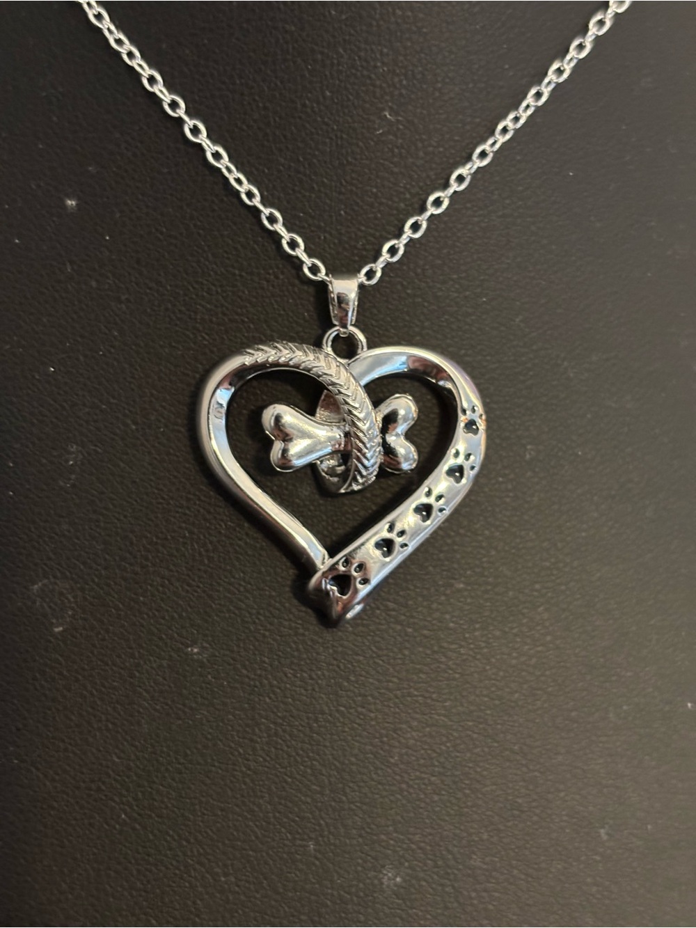 Silver Pawprint Heart & Bone Pendant Necklace
